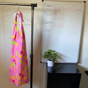 LILLY PULITZER Women's Pink Fruit Graphic Halter Top Dress w Zip Up Back. Size 4